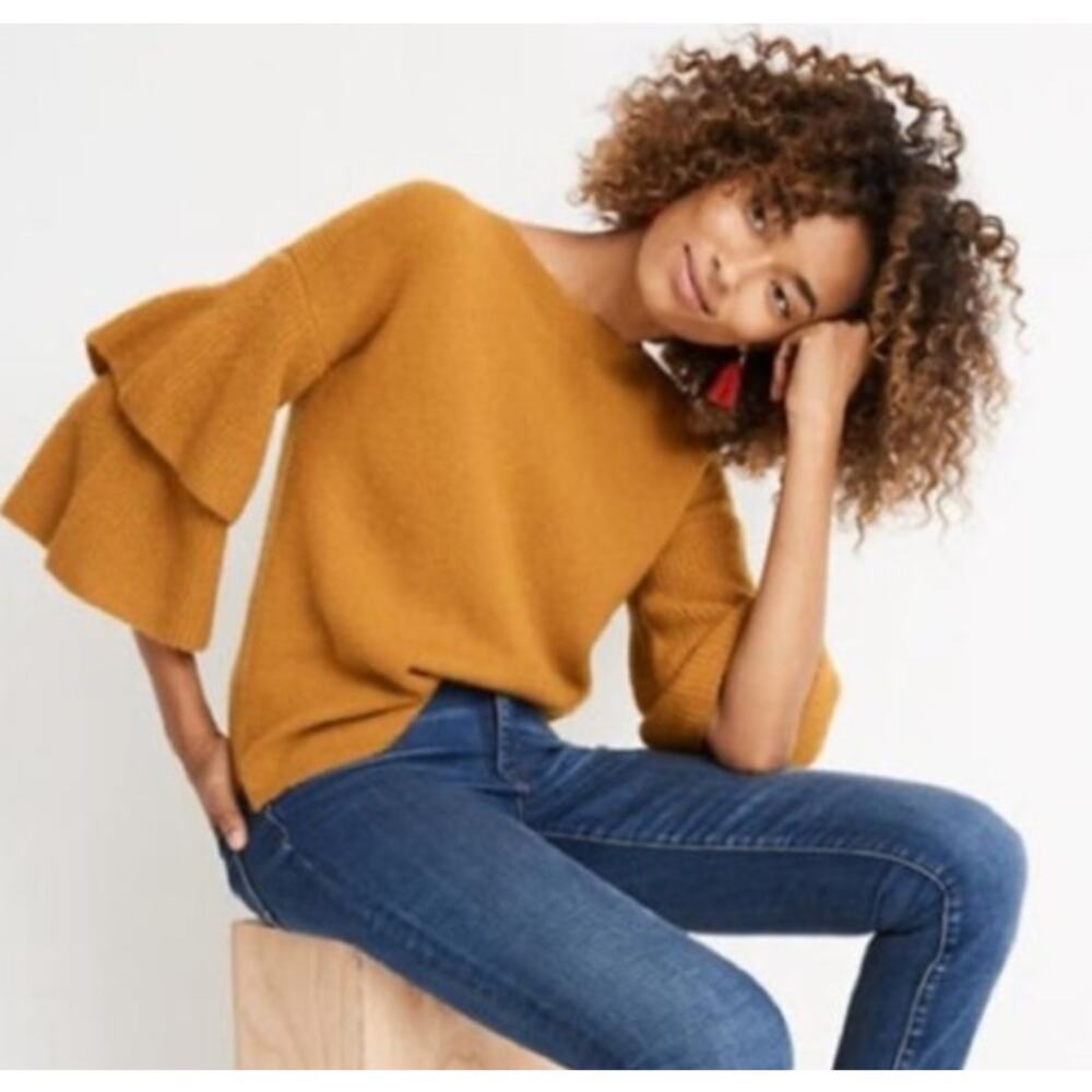 Madewell Mustard Yellow Sweater –Flutter Bell Sleeve Wool Blend – Size M